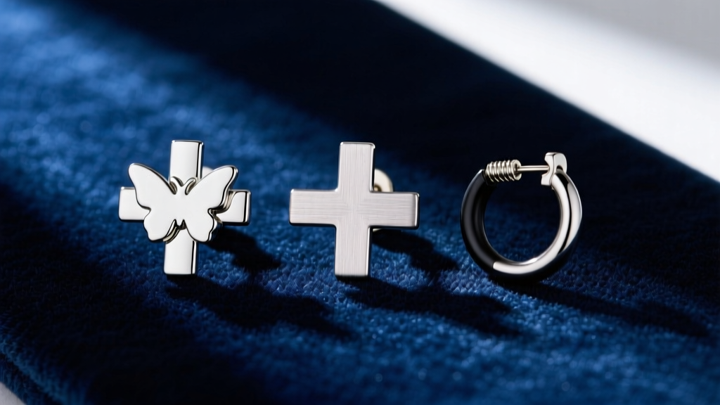 Flat lay on velvet comparing three cross earring backs: a butterfly clutch, a screw-back, and a seamless clicker ring mechanism.