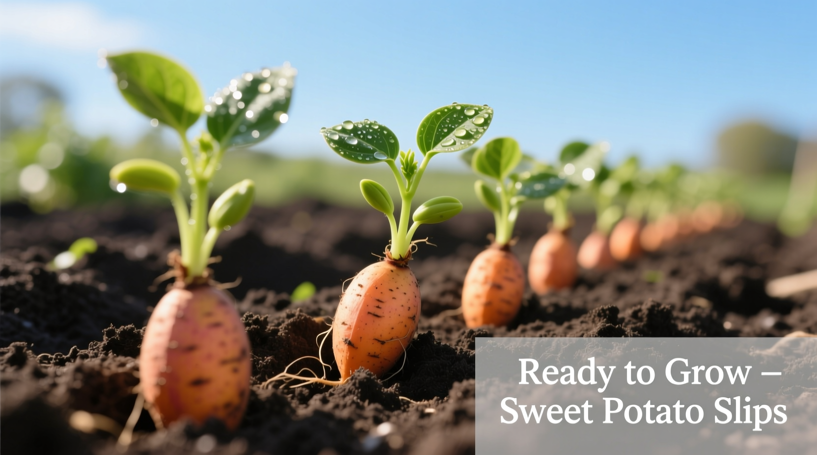 Sweet potato slips ready for planting in garden soil