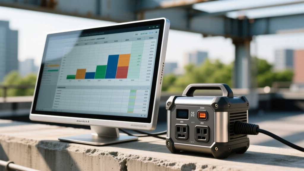 Close-up of an outdoor-rated 4K monitor displaying a complex spreadsheet, positioned next to a weatherproof outdoor power strip.