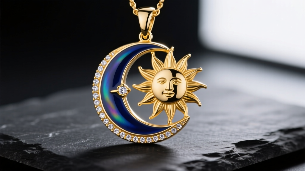 Close-up of a 14k solid gold moon sun necklace pendant with deep blue vitreous enamel and diamond accents resting on dark slate.