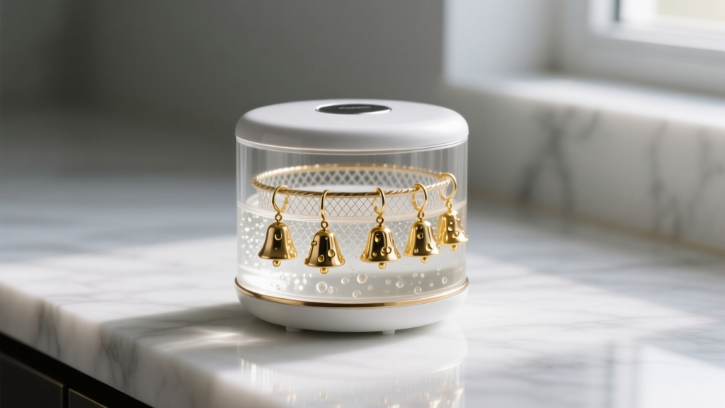 Small ultrasonic jewelry cleaner filled with solution, with several gold bell back earring findings soaking in a mesh basket.