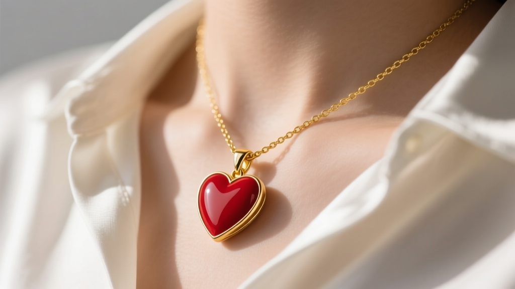 Close-up of a 14k yellow gold necklace featuring a vibrant vitreous red enamel heart pendant resting on a silk blouse collarbone