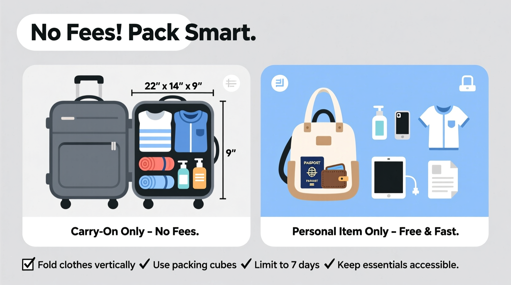 carry on vs personal item only how to pack for a week without paying fees