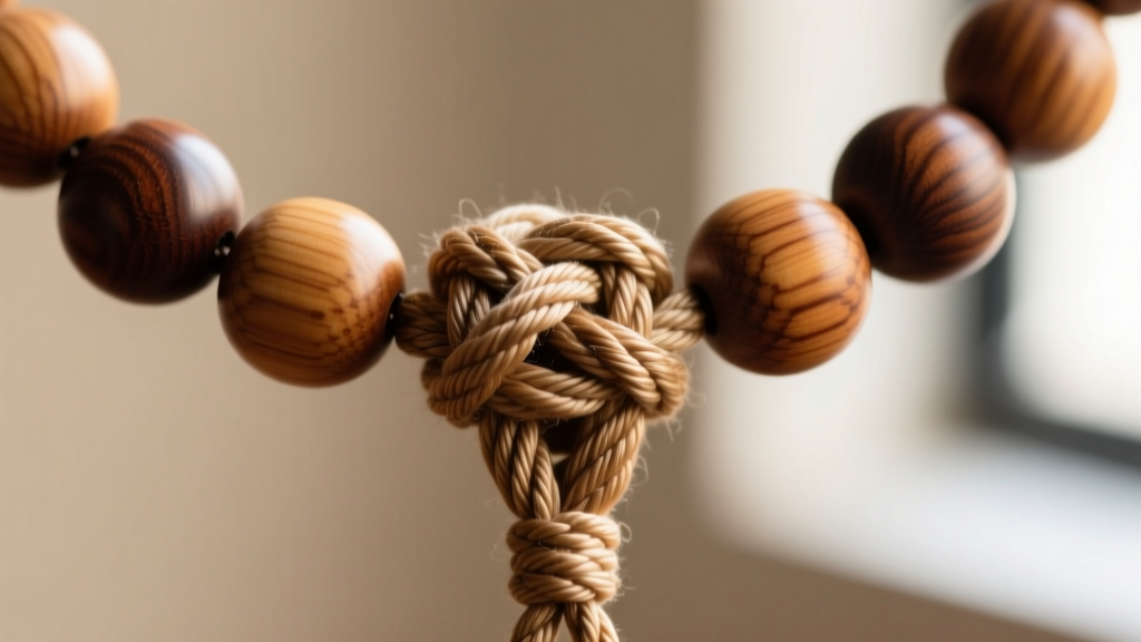 Macro close-up of traditional hand-knotting on a Buddhist mala necklace showing tight silk knots between smooth 8mm wooden beads.