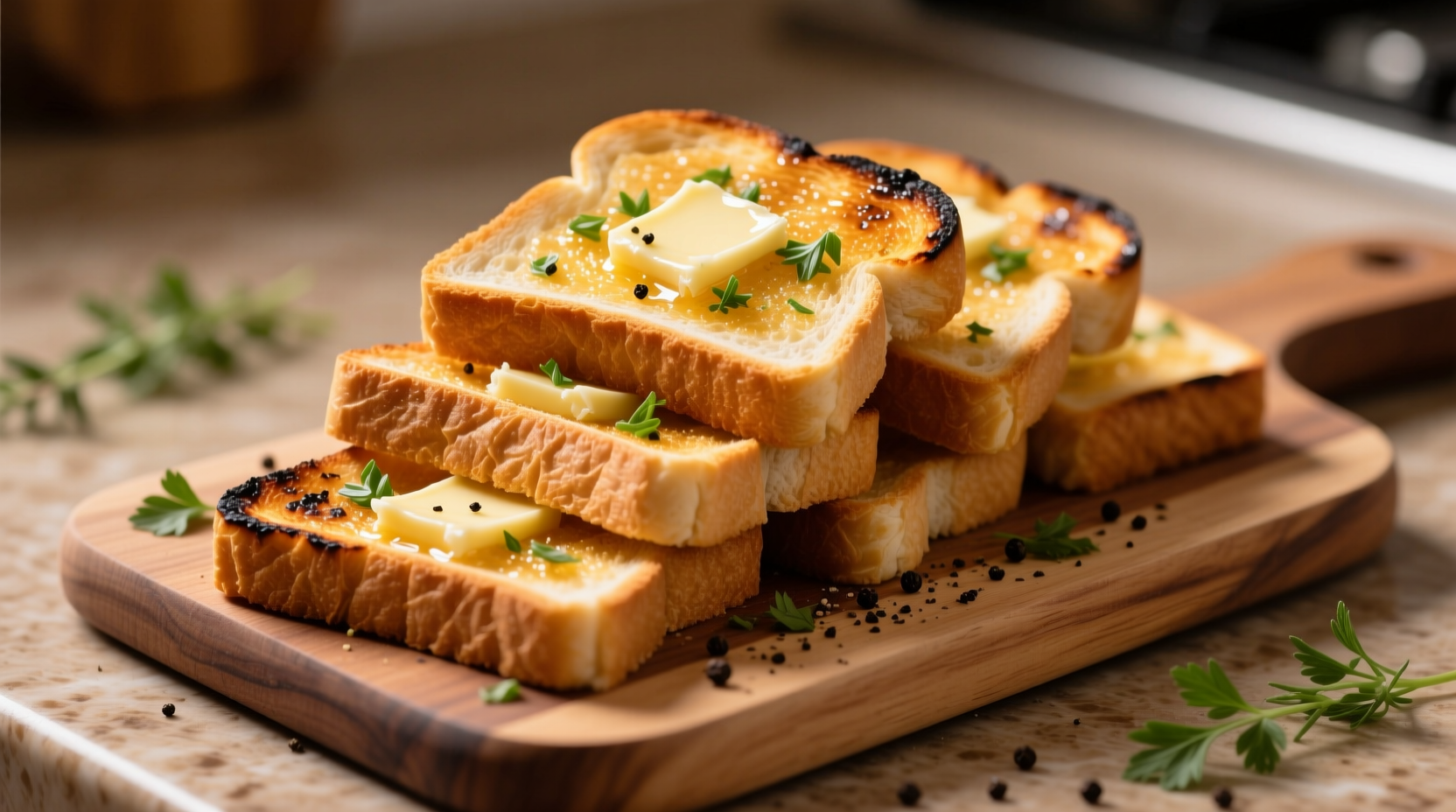 Golden garlic Texas toast slices on wooden cutting board