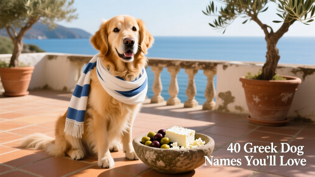 A cheerful dog wearing a lightweight, draped scarf reminiscent of ancient Greek attire, sitting beside a bowl of olives and feta cheese