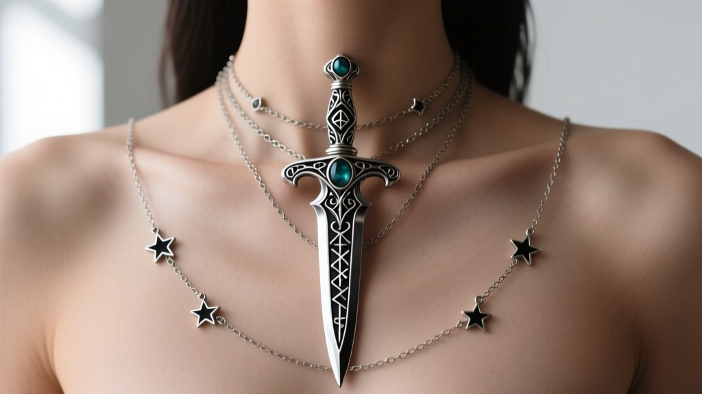 Woman wearing layered occult necklaces featuring a large central dagger pendant and two smaller celestial chains against bare skin