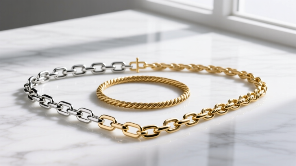 Flat lay of three different Chi Rho chain styles including a box chain, rope chain, and cable chain on a white marble surface.