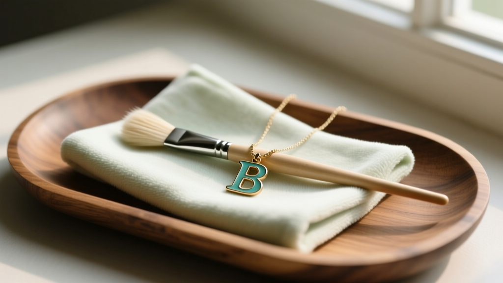 A microfiber cloth, soft brush, and an enamel letter necklace resting on a wooden tray, avoiding harsh liquid jewelry chemicals.
