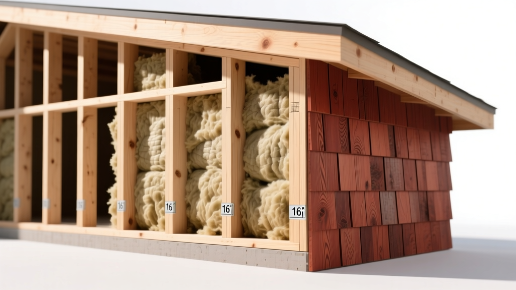 Timber-framed wall cross-section showing SPF wood studs, mineral wool insulation, and western red cedar exterior cladding.