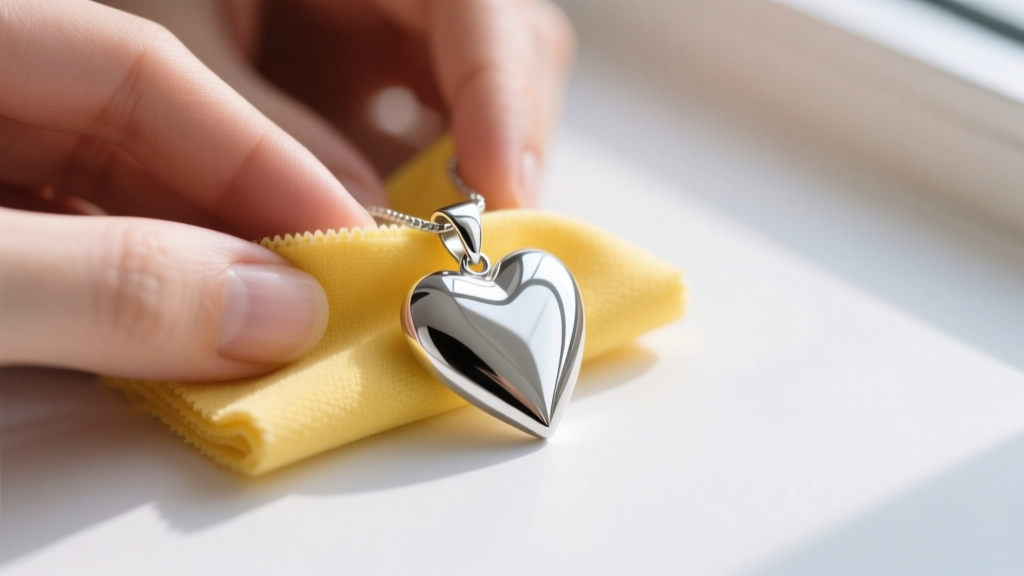 Hands gently rubbing a yellow polishing cloth over a silver heart pendant, revealing a bright mirror finish on the raised edges.