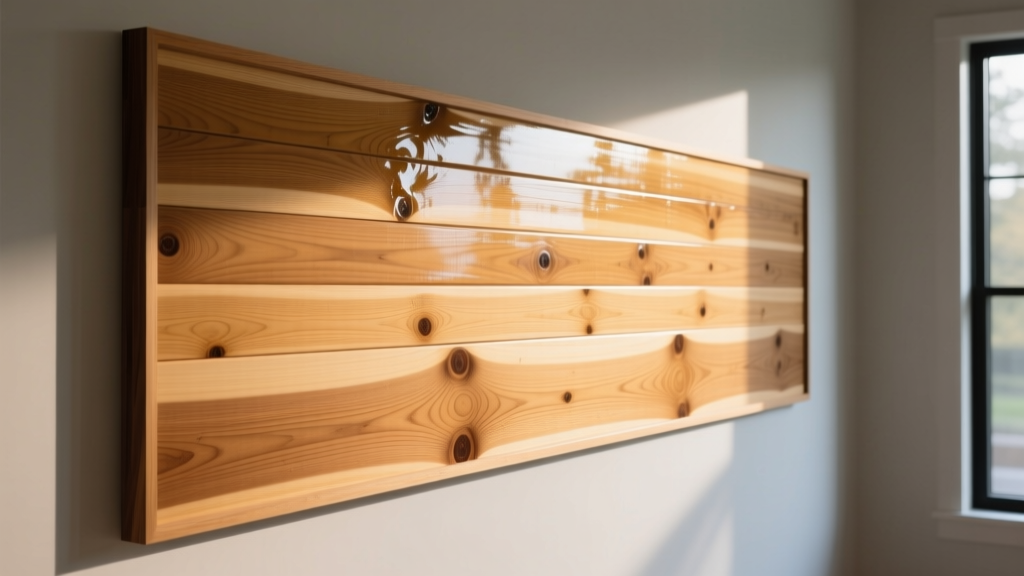 Cross-section of treated cedar tongue and groove wood paneling installed on a modern interior wall with visible protective oil sheen