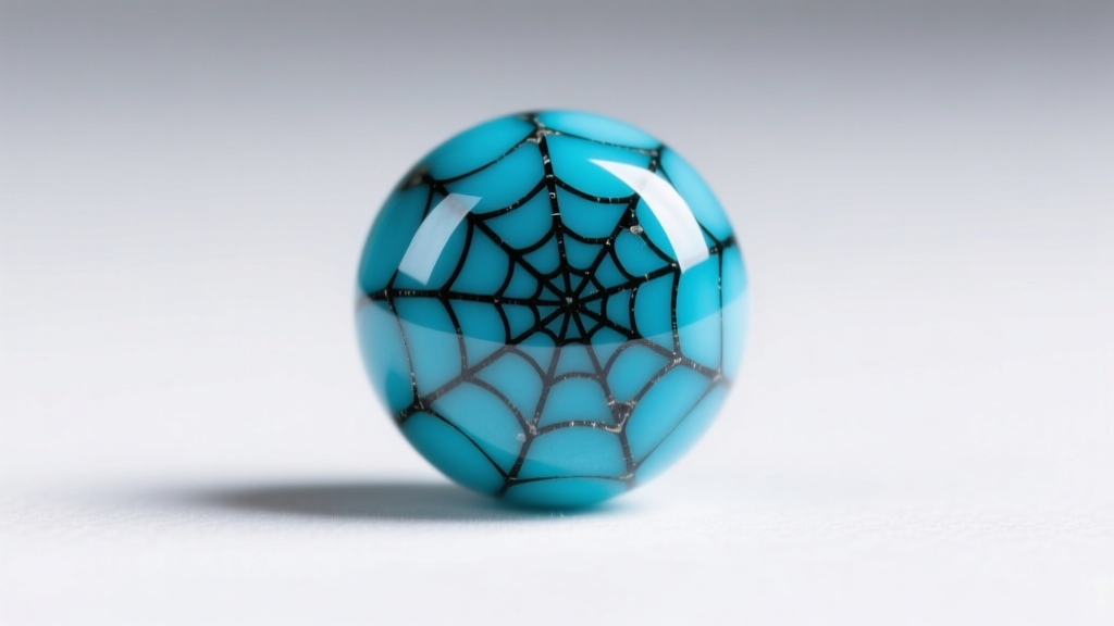 Macro shot of a 10mm Kingman turquoise bead, showing intricate black spiderweb matrix patterns and polished surface reflections.