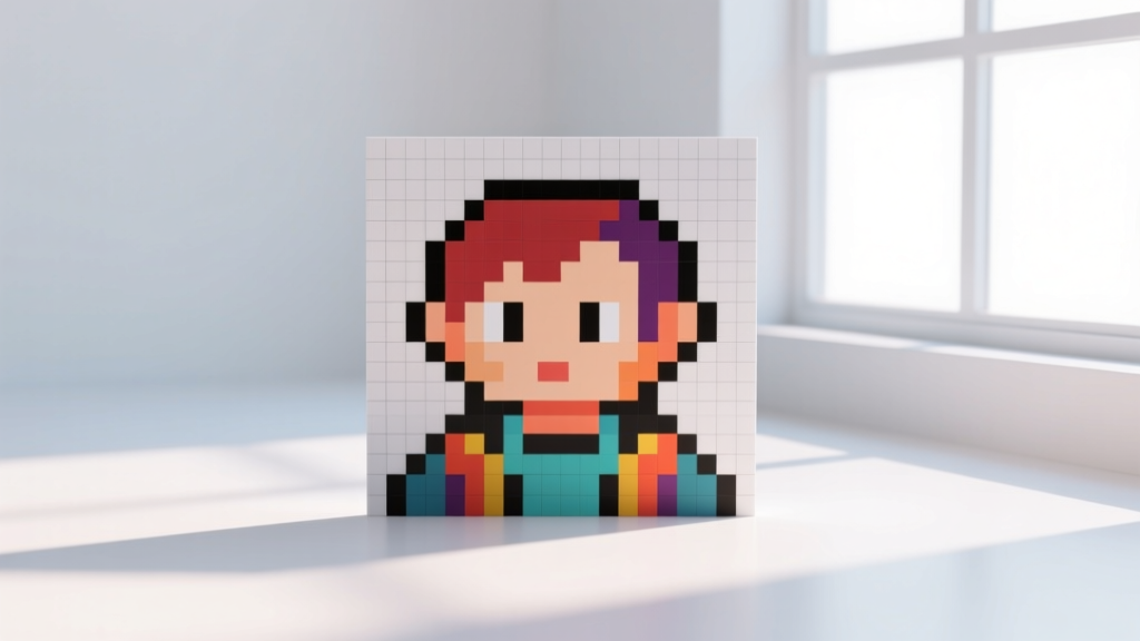 Demonstration of integer scaling showing a 32x32 pixel art sprite scaled to 128x128 with preserved hard edges and color boundaries