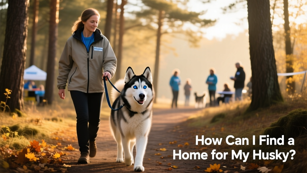 Volunteer walking a Husky on a quiet trail during a rescue meet-and-greet event