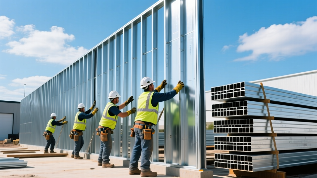 Commercial site showing a steel framing company crew erecting light gauge steel wall panels next to stacked structural I-beams under clear skies