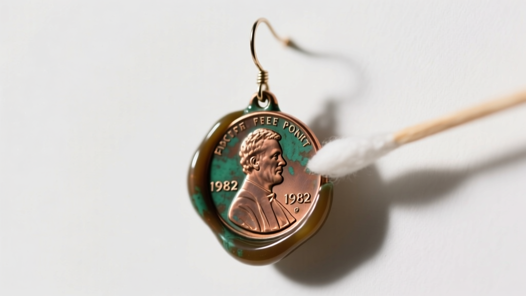 Macro shot of a pre-1982 copper penny earring coated with wax sealant using a cotton swab under bright studio lighting.