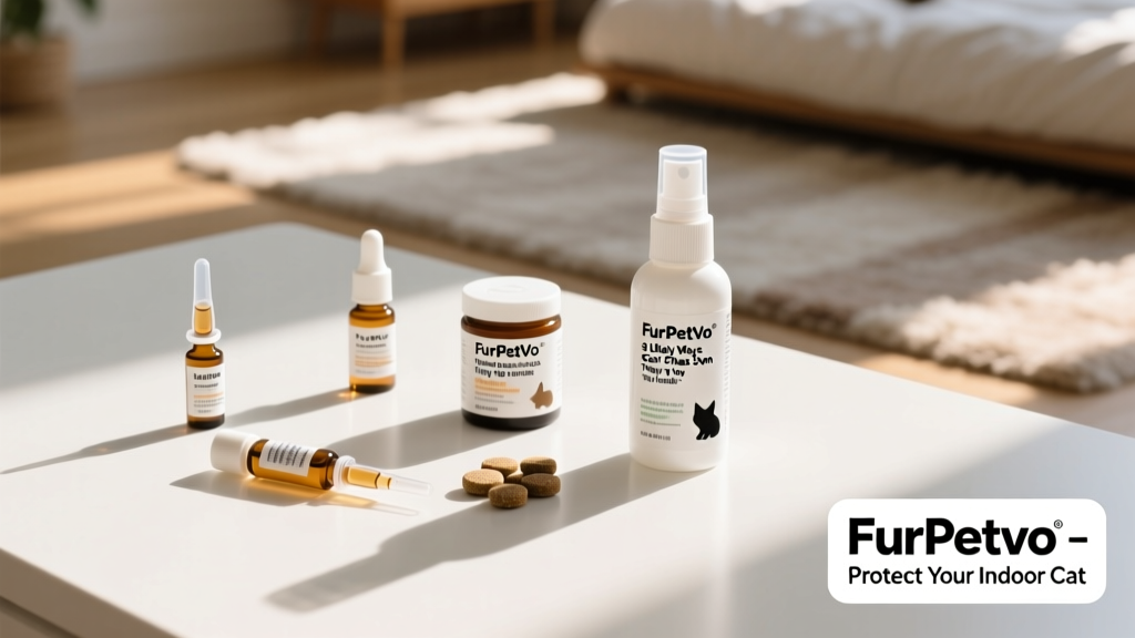 Collection of FurPetVo flea prevention products neatly arranged on a clean white surface: pipettes, chewables, and spray bottle with branded labeling