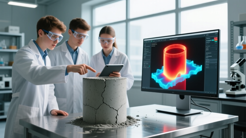Engineering students in a materials lab examining a freshly poured concrete cylinder while a digital finite element analysis of thermal stress glows on a monitor behind them