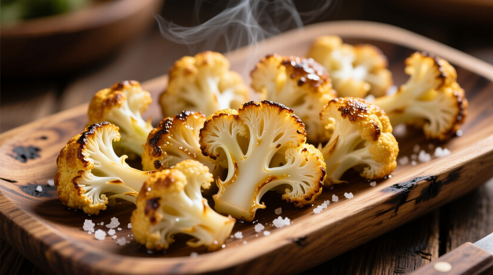 Golden roasted cauliflower bites on wooden platter