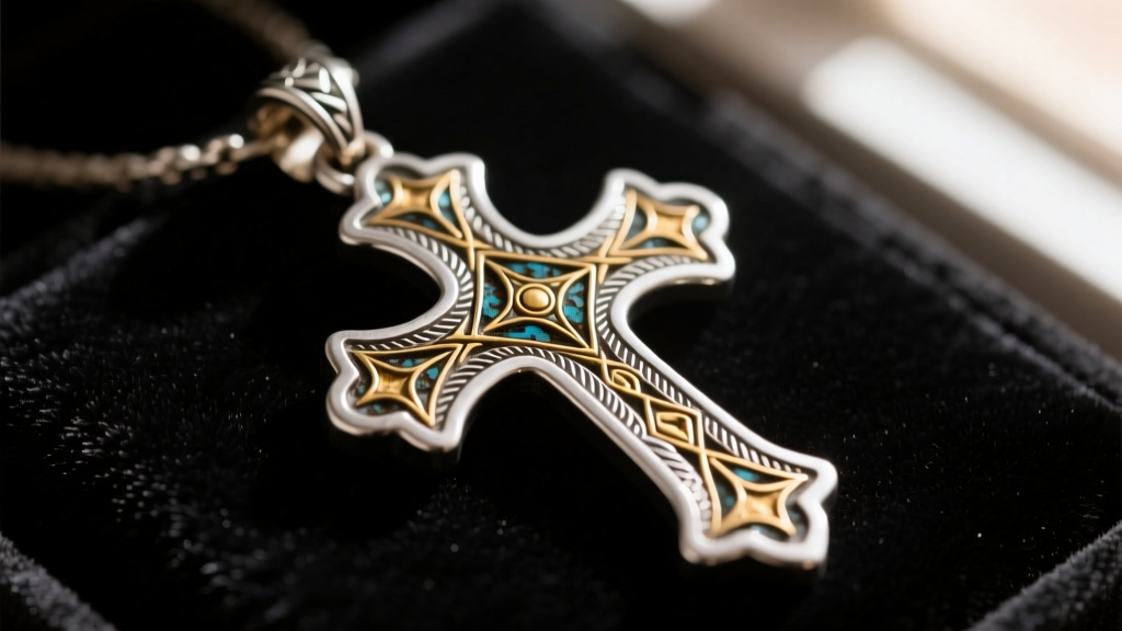 Macro shot of Tuareg Agadez cross pendant showing hammered silver texture, brass inlay, and deep oxidized patina on dark velvet.
