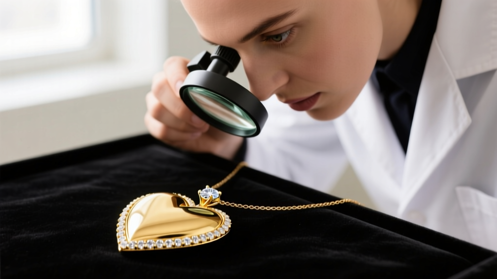 Jeweler using a 10x loupe to inspect delicate prongs securing a melee diamond on the edge of a gold heart necklace pendant.