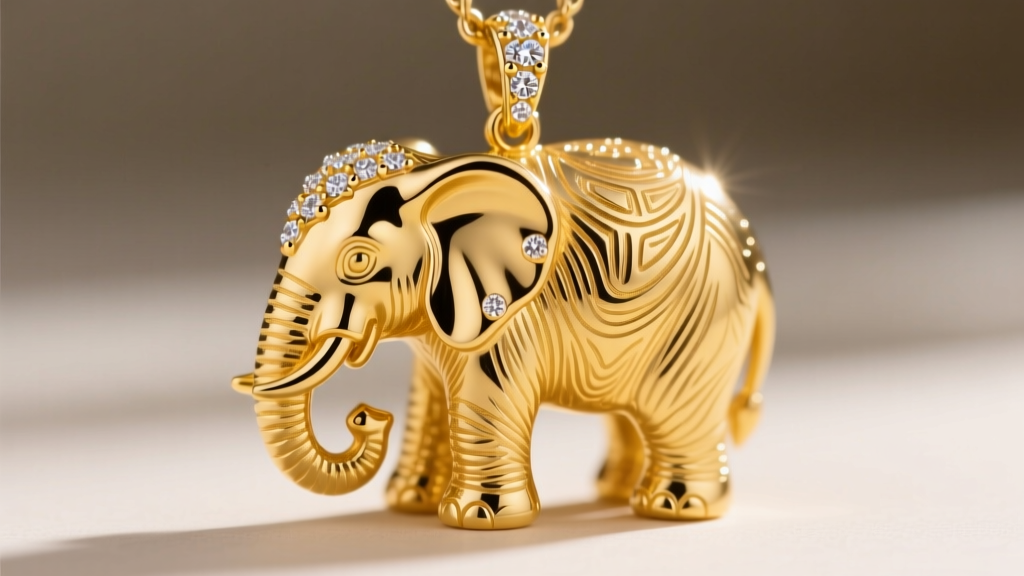 Macro shot of an ornate 18k yellow gold elephant pendant featuring micro-pave diamond accents on the ears and highly textured skin.