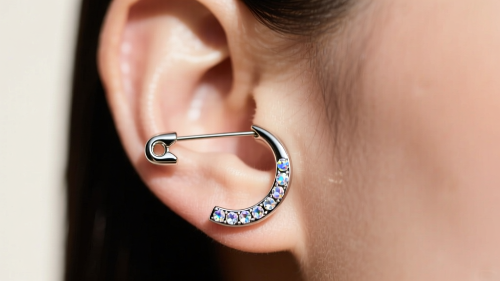 Close-up of an earlobe wearing a rhodium-plated Vivienne Westwood safety pin huggie earring with tiny clear glass crystals