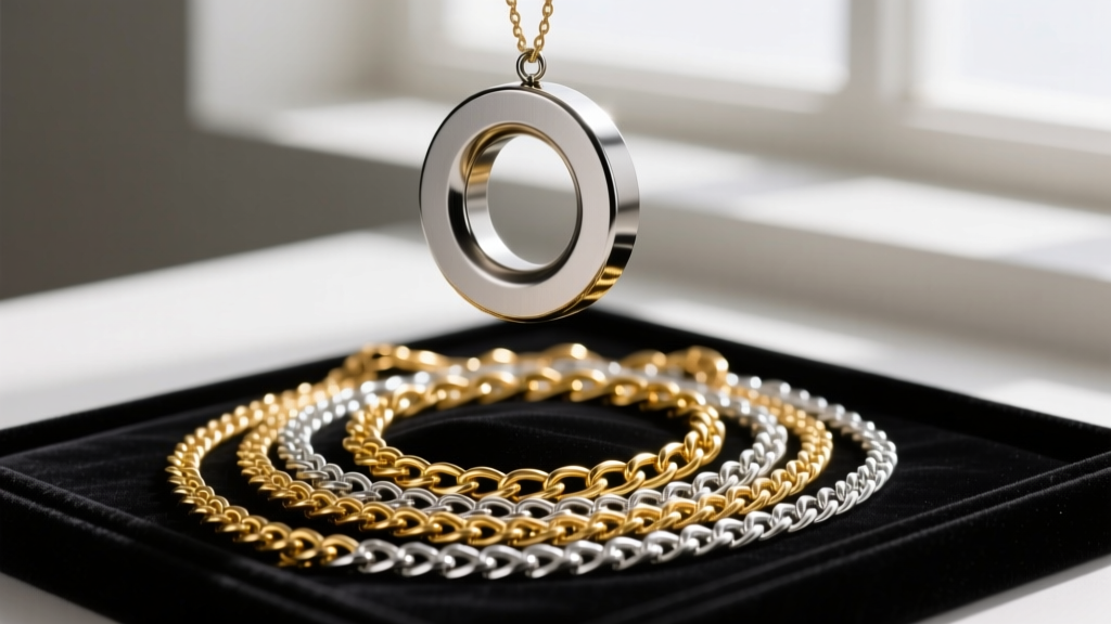 A strong neodymium magnet hovering over a pile of mixed gold and silver chains on a dark velvet jewelry display pad.