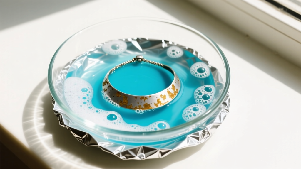 Top-down view of a glass dish lined with aluminum foil containing hot water, baking soda, and a tarnished silver-plated necklace