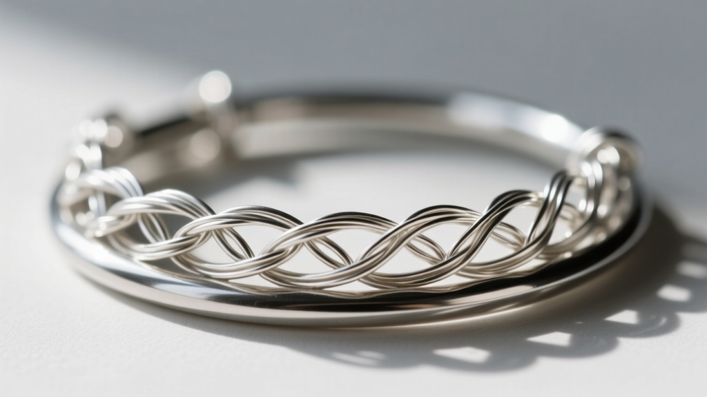 Macro shot of 28-gauge silver wire crocheted over a steel hoop base, capturing tension and precise loop formation in bright light