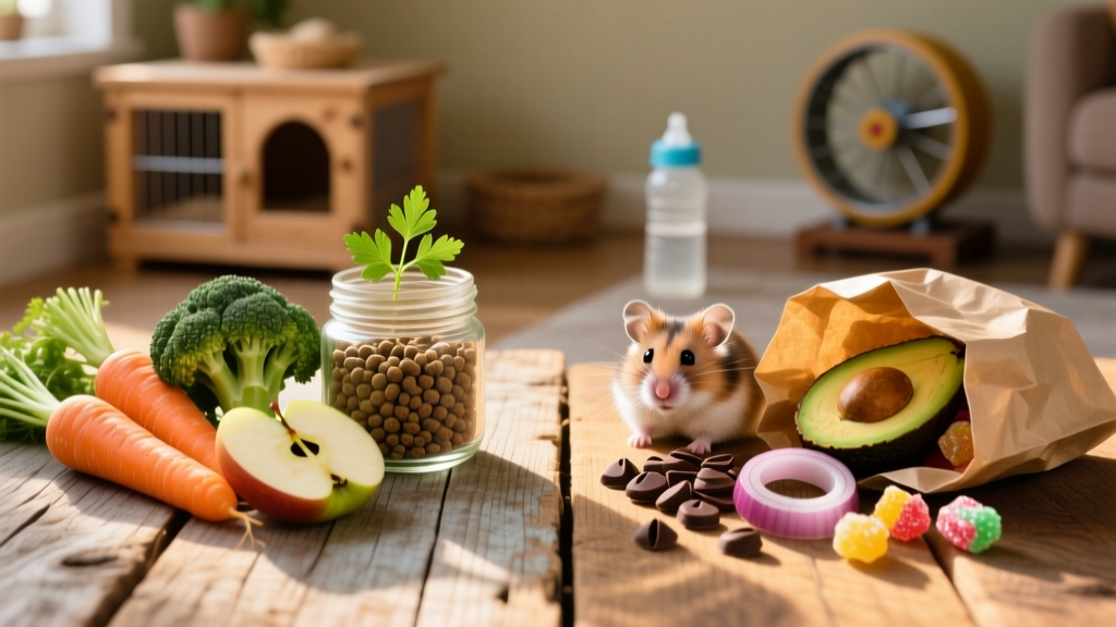 Side-by-side comparison of safe vs. unsafe hamster foods on a clean wooden surface