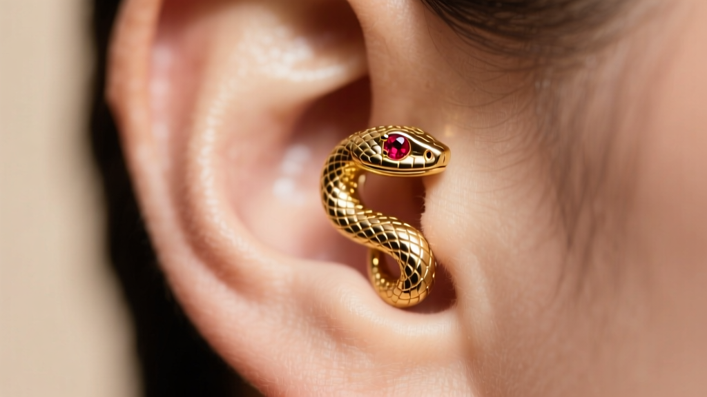 Macro shot of a 14k gold snake earring on upper ear cartilage, showing textured scales and ruby eyes under soft lighting