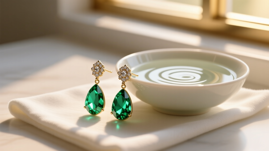 Gaspeite drop earrings beside a microfiber cloth and a small bowl of mild soapy water, illuminated by warm natural window sunlight.
