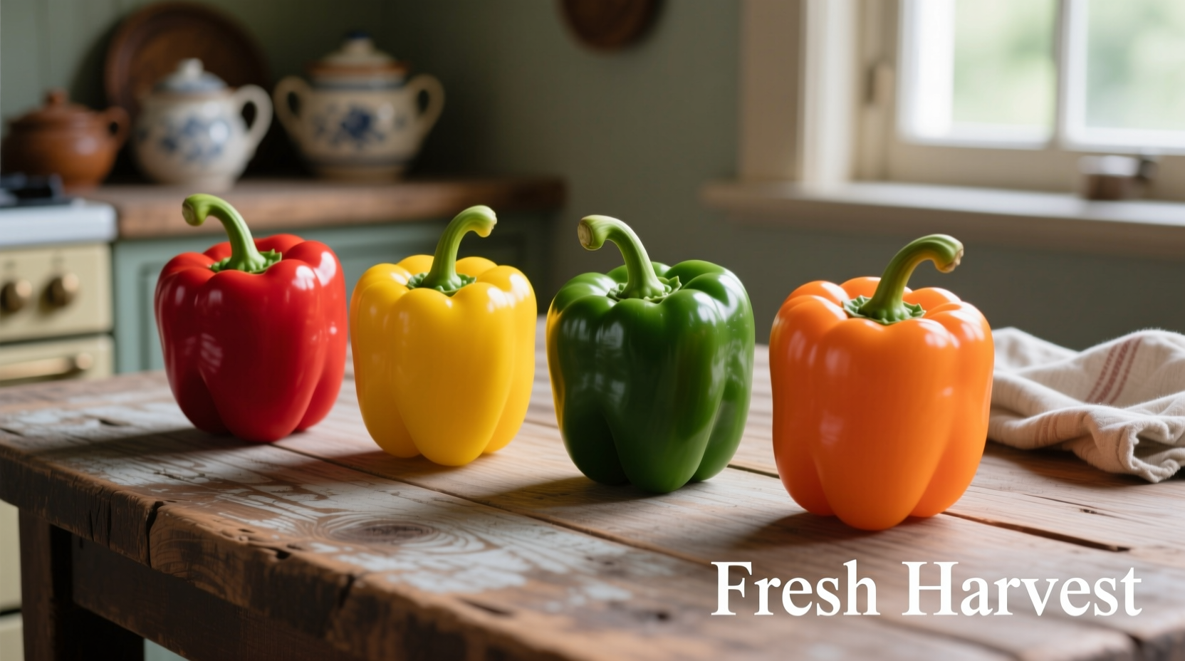 Colorful bell peppers arranged by variety on wooden table