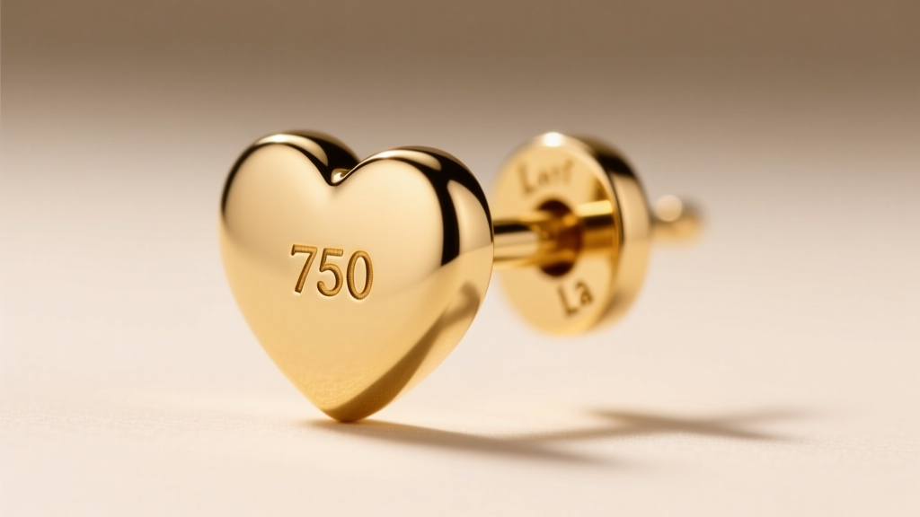 Macro shot of an 18k gold heart earring post with a La Pousette locking back, revealing a tiny 750 hallmark stamped on the metal