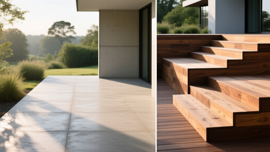 Split-screen landscape design showing a smooth broom-finished concrete patio on the left and a multi-level composite wood deck on the right