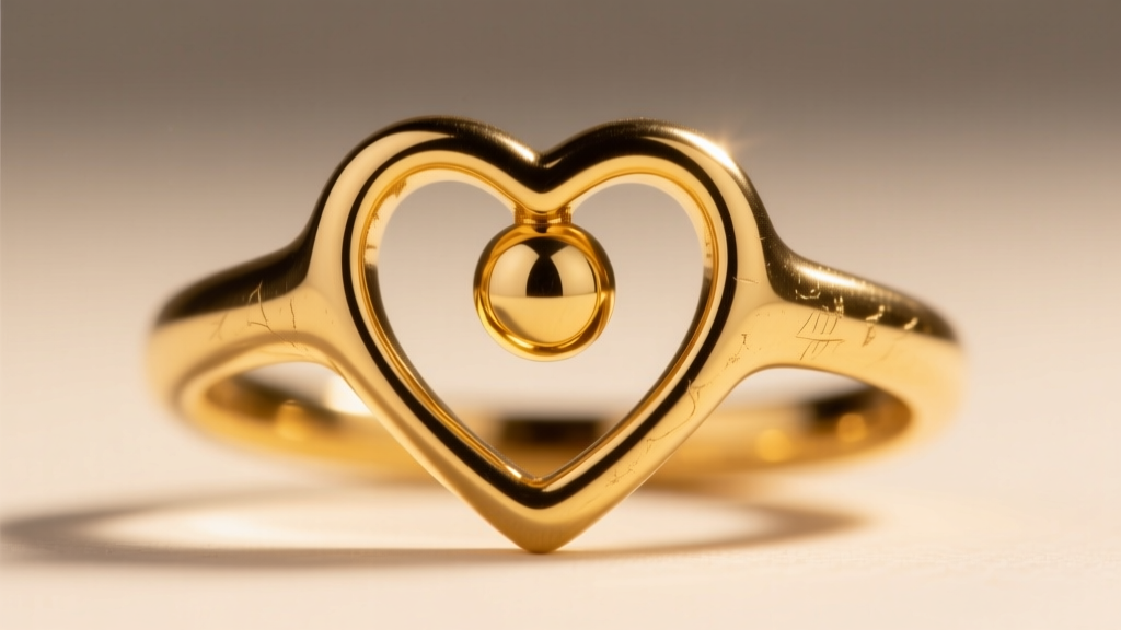 Macro photography of a 14k yellow gold seamless captive bead heart ring for daith piercings, showing the precise bead tension gap