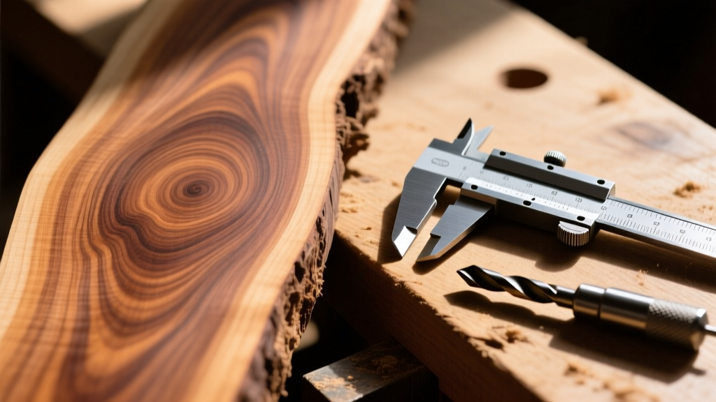 Close-up of dense Australian Buloke wood grain next to a steel caliper and carbide drill bit on a woodworking bench in bright natural light