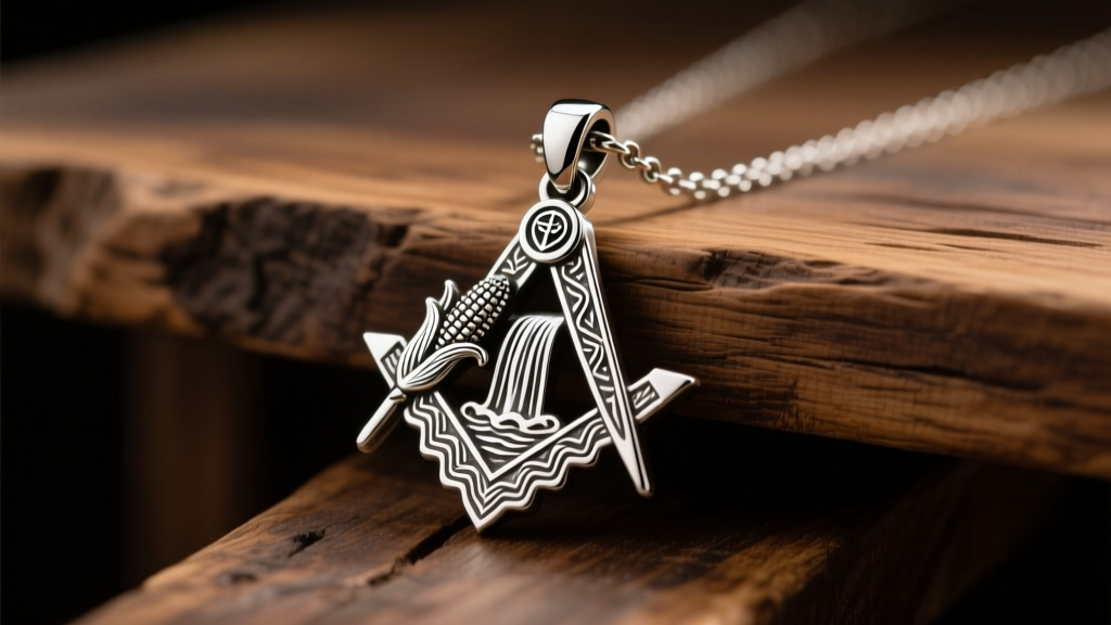 Sterling silver Fellowcraft masonic necklace with corn and waterfall motif on a rustic oak table under warm, moody studio lighting.