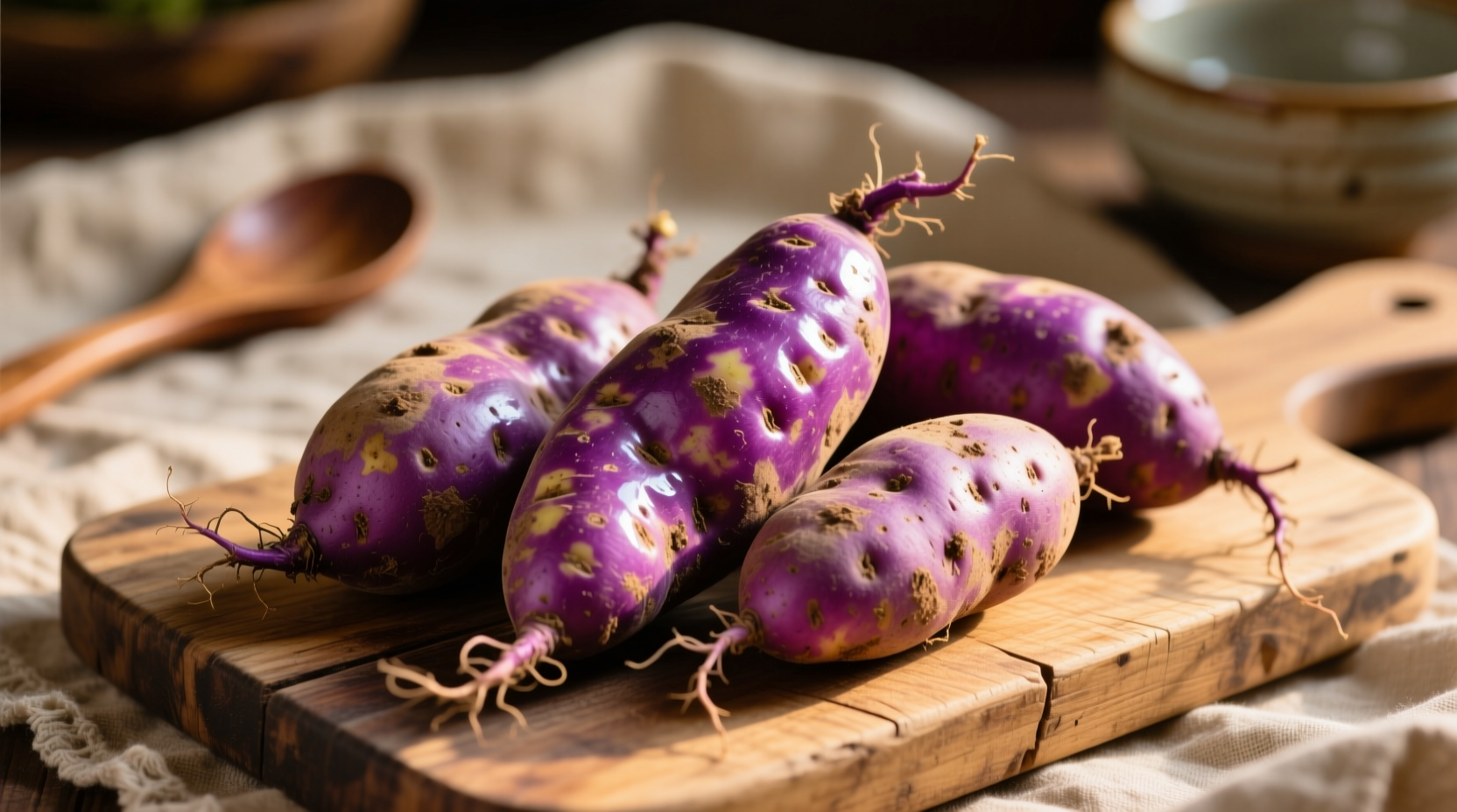 Fresh Japanese sweet potatoes with purple skin on wooden cutting board