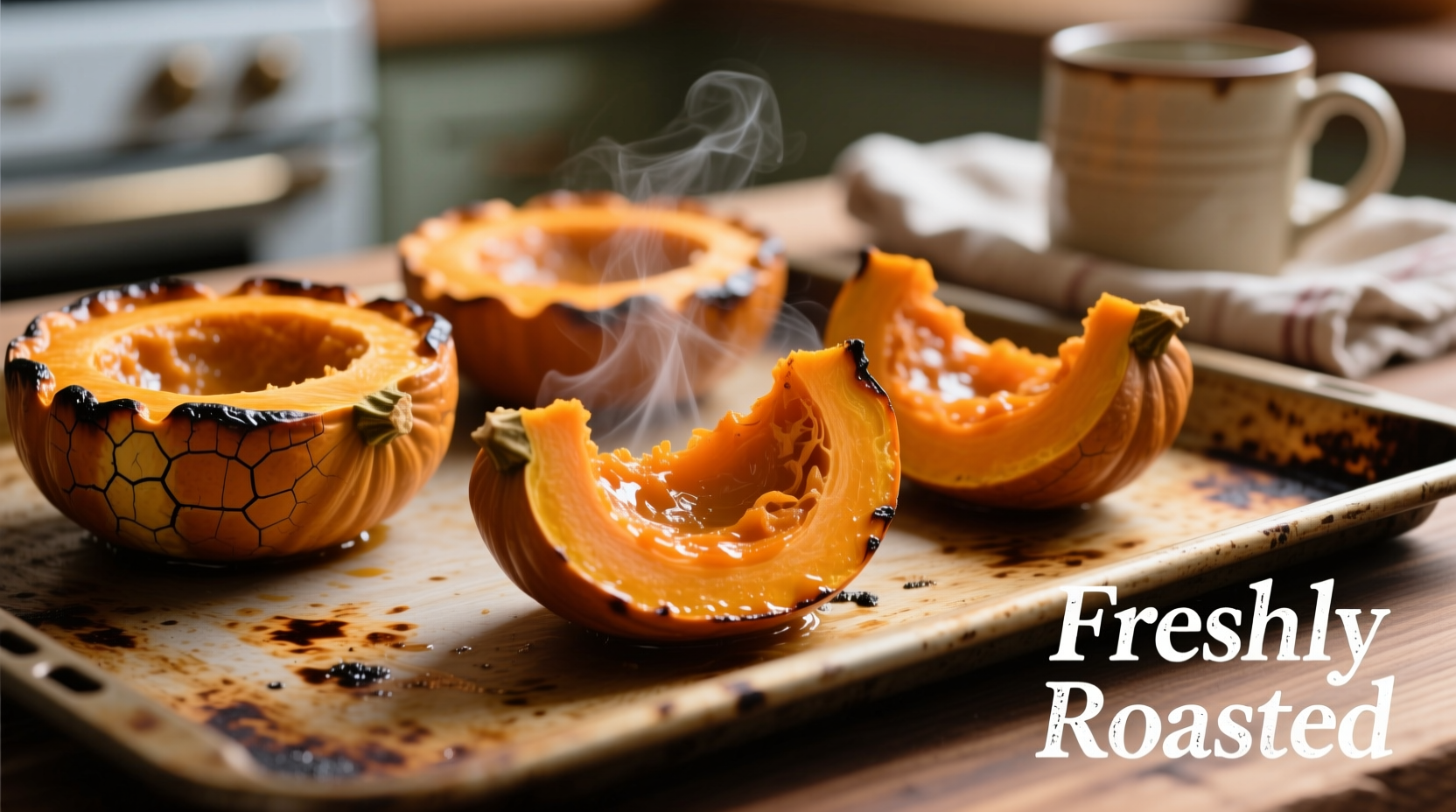 Freshly roasted pie pumpkin halves on baking sheet