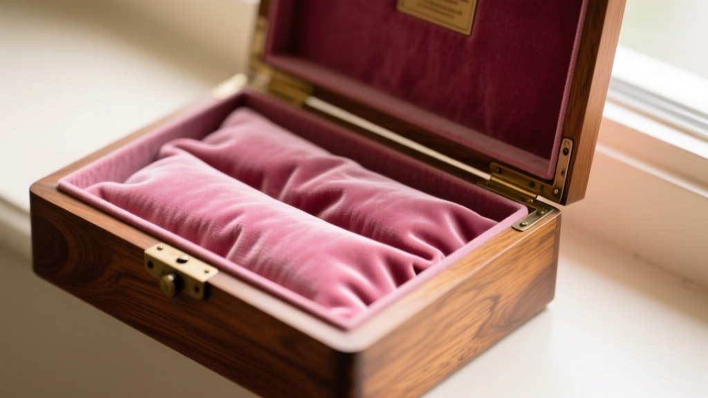 Overhead view of a restored jewelry box interior showing plush pink velvet lining neatly re-adhered to a wooden drawer base