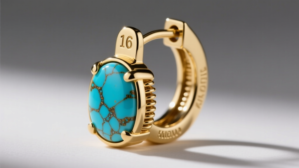 Macro shot of 16-gauge gold huggie clasp, showing secure latch-back closure and natural Kingman turquoise matrix stone detail.