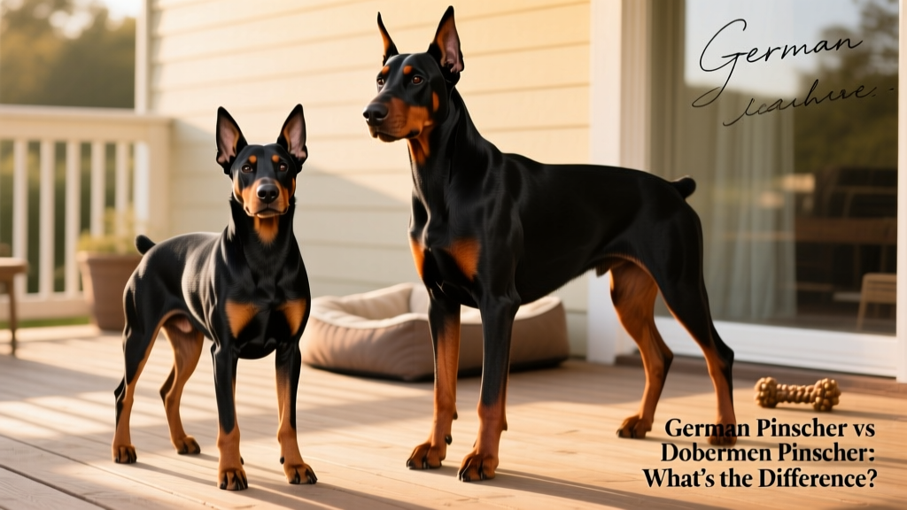 Side-by-side comparison showing a compact, muscular German Pinscher next to a larger, more streamlined Doberman Pinscher