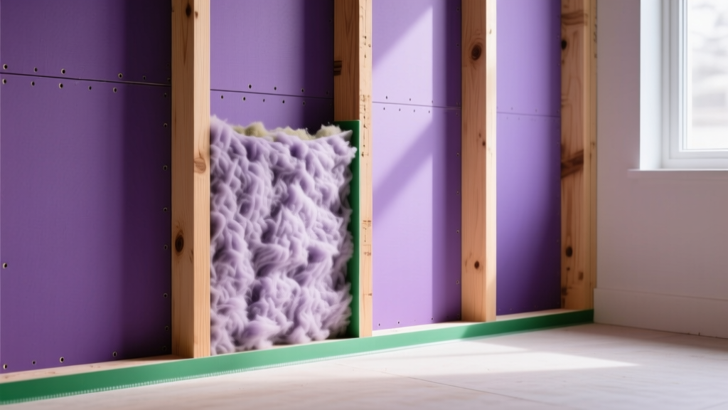 Purple sound deadening gypsum board installed on wood studs with mineral wool insulation and green acoustic sealant at the base plate