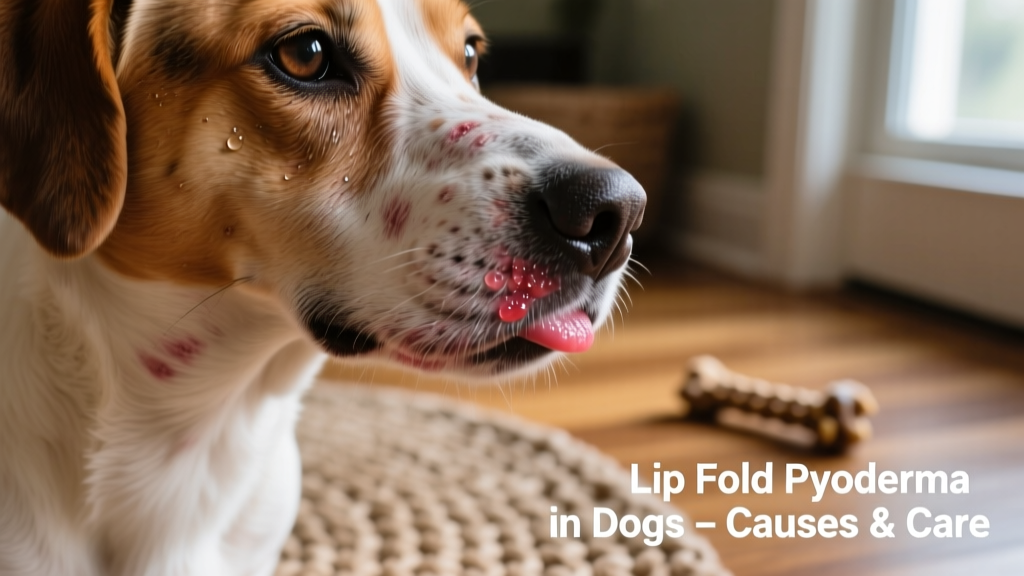Close-up of a dog's lower lip folds showing mild redness and moisture buildup