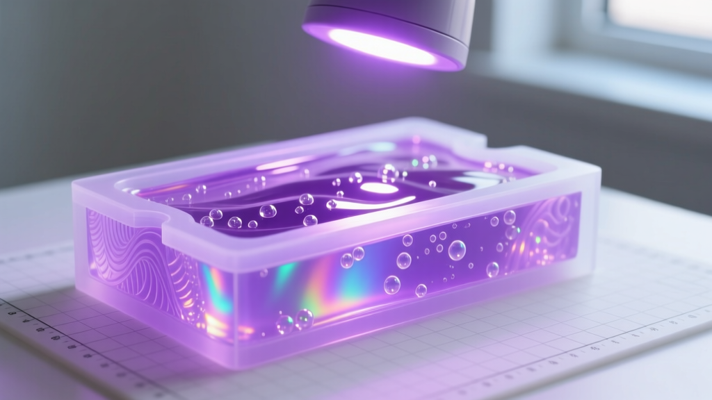 Close-up of a clear silicone mold filled with sparkling UV resin curing under a glowing purple LED lamp on a clean crafting mat.