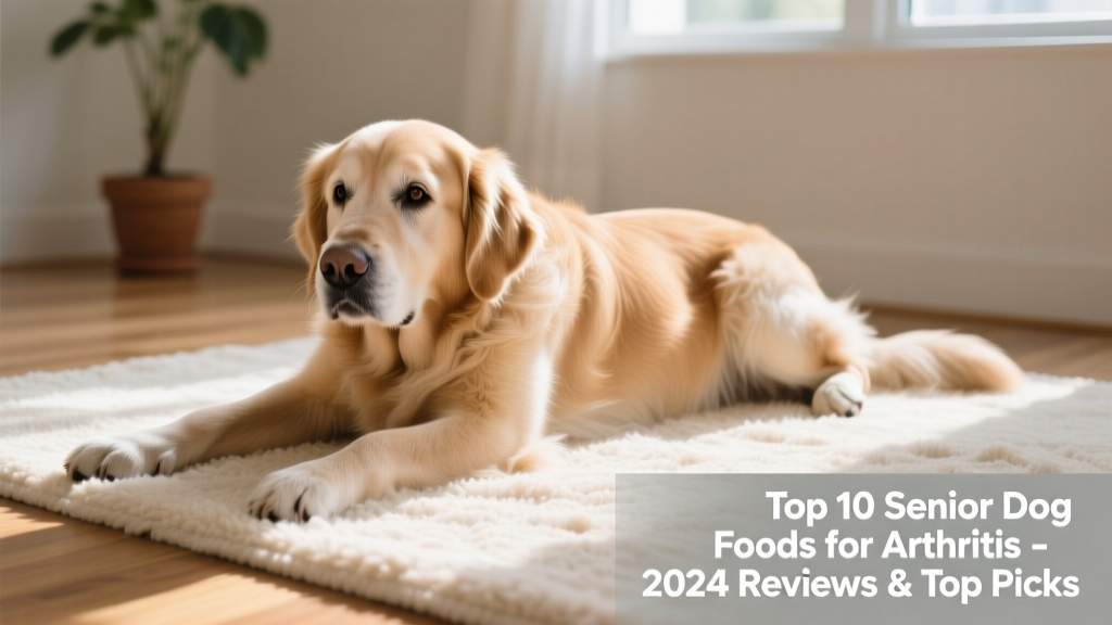 Senior golden retriever gently stretching on a soft rug, showing relaxed posture and calm expression
