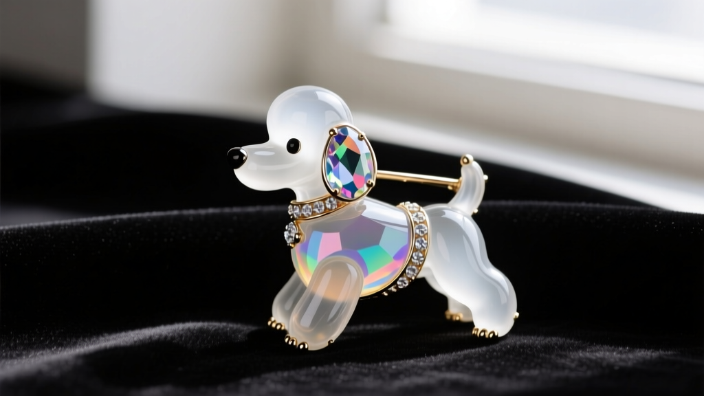 Close-up of a vintage Trifari jelly belly poodle brooch with lucite center and rhinestone accents resting on dark velvet